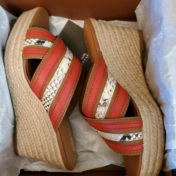 NEW Coach Florentine Wedge Leather Sandals 8.5 open-toe  Heel Snake Print Slide - Picture 3 of 6